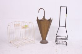 A retro 1970's magazine / newspaper wirework rack together with an umbrella shaped stand and a