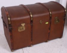 A Victorian 19th century restored leather bound and wooden strapped dome top steamer trunk chest /