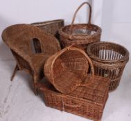 A good collection of vintage whicker items to include waste paper baskets, bedroom chair,