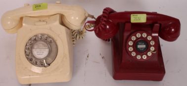A retro 1970's ring dial cream telephone by BT together with another red vintage style telephone.