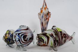 A collection four studio glass Murano fish