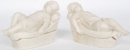 A pair of 19th century Copeland Parian ware porcelain cherub trinket pots.