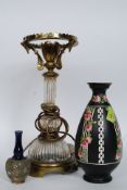 A vintage glass and brass electrical lamp along with a Royal Doulton Vase and a Crown Ducal vase.