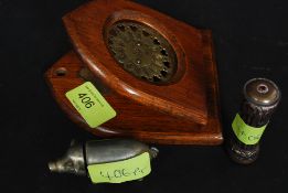 A decorative oak and fret pierced brass note / paper clip together with a vesta in the shape of a