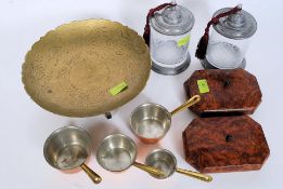 An Asiatic brass bowl on stand, a pair of Olive wood trinket boxes,