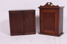 2 vintage early 20th century oak having corner cabinets having doors to the front with lined