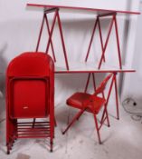 2 retro 1980's red tubular metal and formica top trestle tables. Each table with twin red trestles.