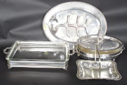 A collection of silver plate serving dishes with glass liners, lids etc please see images.