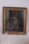 A 19th century oil on board painting - portrait study of a lady being set within a large gilt wood