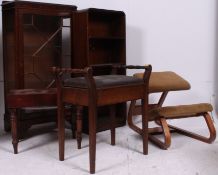 A 1930's Art Deco oak upright open window bookcase shelves together with an Edwardian piano stool