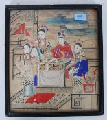 A Japanese 19th century watercolour on paper of an interiors / court scene with Geishaa bearing