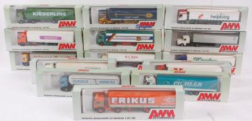AMW AUTOMODELLE; A collection of 14x 1:76 AMW advertising lorries. Each within their original boxes.