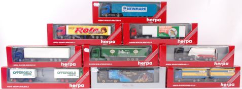 HERPA; A collection of 9x Herpa 1:76 scale diecast model advertising lorries and trailers.