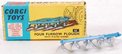 CORGI; An original vintage diecast model Corgi 61 Four Furrow Plough, in blue and silver.