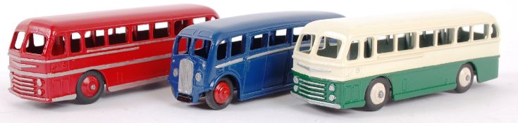DINKY; 3x original Dinky diecast coaches; 2x 282 Leyland Royal Tiger (one red and silver,