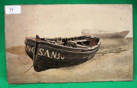 Water colour beached boats pair by E Dun