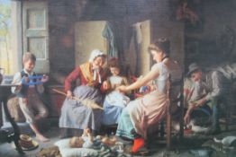 Lithograph print of a family knitting by