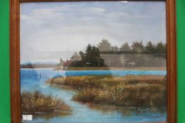 Oil on canvas of a riverside scene by D
