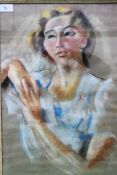 Pastel of woman unmarked framed and glaz