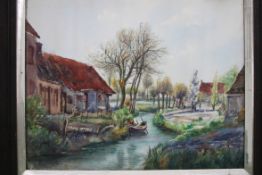 Watercolour of riverside houses by F.M.G