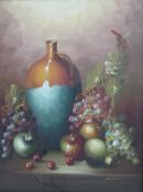 Oil on canvas of vase and fruit signed b