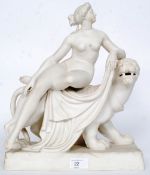 A 20th century blanc de chine / parian ware figure group of a neo classical naked lady atop a tiger