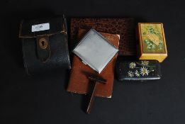 A dealers lot to include vintage gentlemans leather wallets, tolware metal snuff box,