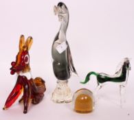 A collection of studio art glass to include a Murano style dog, a large heavy glass coloured duck,