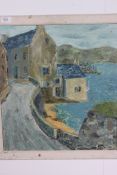 A 1950's Cornish School oil on canvas painting of a coastal village scene being signed MJ Mile H49