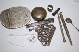 A hallmarked silver chatelaine propelling pencil set with gemstone top together with two other