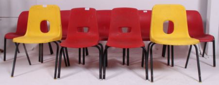 A collection of vintage 1980's childrens stacking chairs on tubular metal supports.