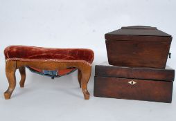 A 19th century sarcophagus shaped mahogany workbox together with another Victorian workbox and a