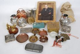 A mixed lot to include vintage brasswares, clocks, boxes, chess set,