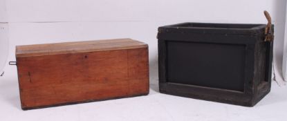 A vintage early 20th century ebonised pine ammo trunk - steamer chest with rope handles together