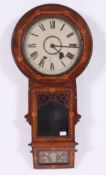 A Victorian mahogany and marquetry inlaid drop dial wall clock by Seth Thomas.
