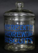An Edwardian glass shop counter / display jar barrel with chased and coloured notation for Meredith