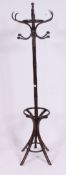 A vintage style 20th century bentwood hat stand in faux bamboo style with hooks atop and shaped