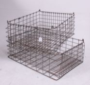 2 vintage mid 20th century Industrial galvanised metal bakers crates of grid form.
