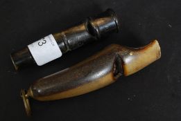 A Victorian shepherds whistle made from horn together with another horn whistle ( 2 in total )