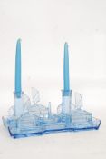 A 1930's Art Deco blue glass ladies dressing table set to include tray, candlesticks,