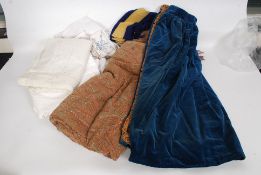 A vintage early 20th century childs velvet cape together with a quantity of lace work and linens