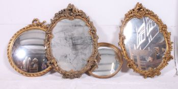 2 vintage 1950's convex mirrors together with 2 gilt plaster rococo mirrors from the mid 20th