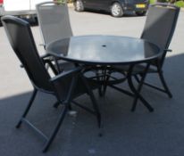 A John Lewis contemporary garden glass table of circular large form complete with 3 folding mesh
