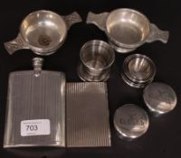 A stunning slim pewter hip flask, a pair Scottish vin de testes,
