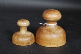 2 vintage old butter moulds of wooden form, one with impress of a cow,