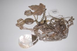 10 assorted silver and white metal ladies necklaces to include locket and maple leaf pendant along