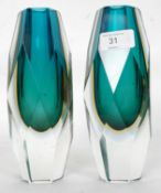 A pair of retro studio art glass Murano Sommerso two tone vases of angular form H31cm