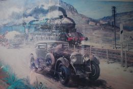 A framed and glazed print  ' Bentley Vs Blue Train ' by Terence Cuneo
