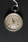 A continental silver 800 marked ladies pocket watch having gilded silver face with roman number
