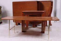 2 vintage 1970's retro teak drop leaf dining tables together with a faux teak and brass  hairpin